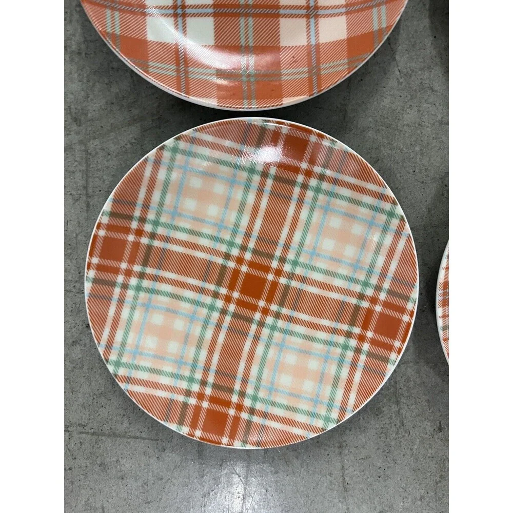 Lot of 4 Pier One Imports Orange & Teal Plaid Porcelain 6-inch Snack Plates